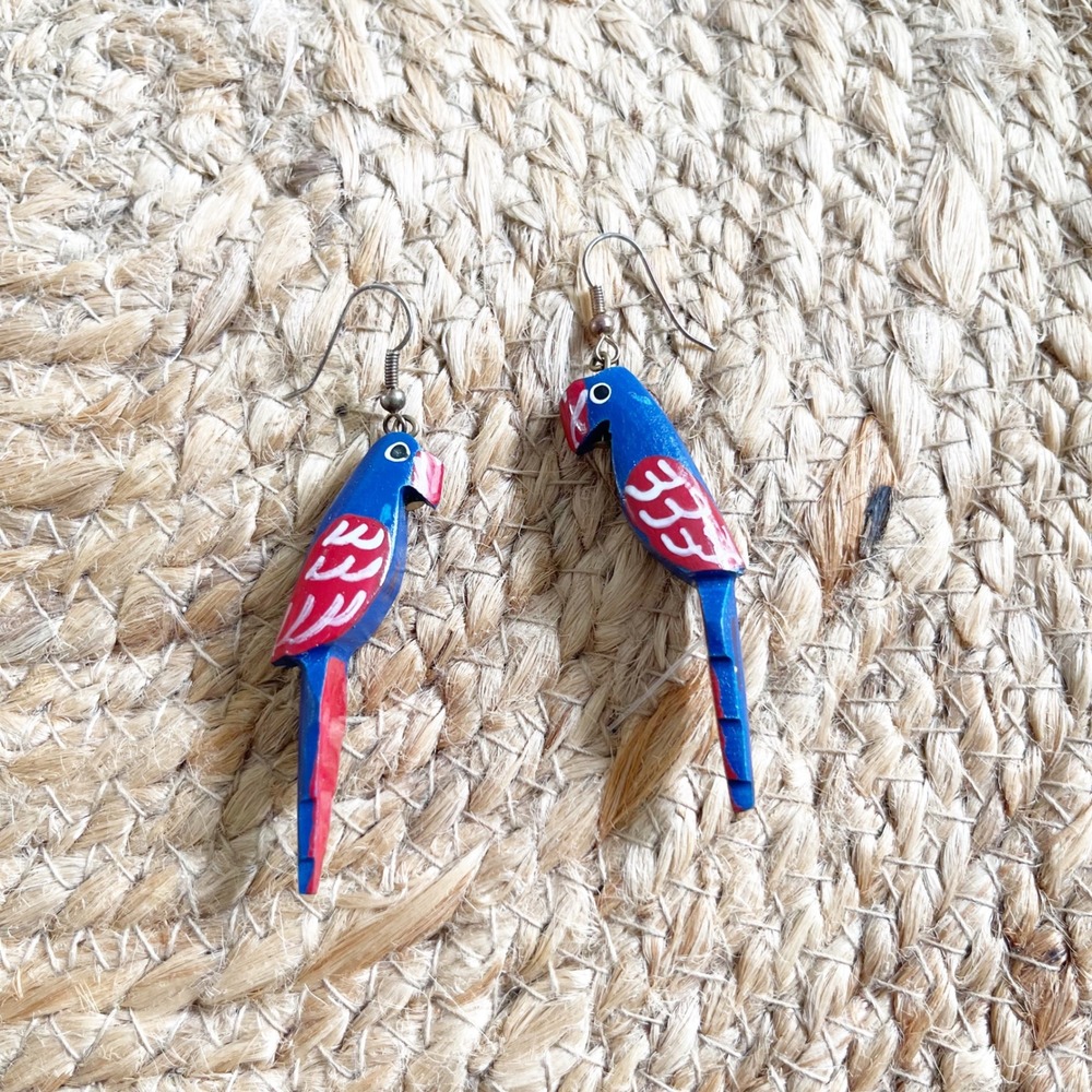 Vintage Hand Painted Wooden Parrot Drop Earrings Blue Red Tropical Macaw Boho